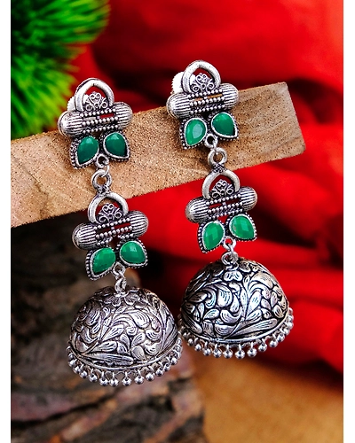 Oxidised Silver Jhumka Earrings for Women with Pink Stones-2