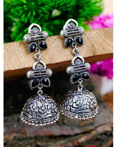 Oxidised Silver Jhumka Earrings for Women with Pink Stones-3