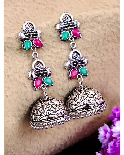 Oxidised Silver Jhumka Earrings for Women with Pink Stones-4