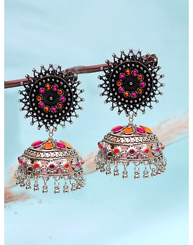 Ethnic Oxidised Silver Multicolor Jhumka Earrings for Festive Fashion