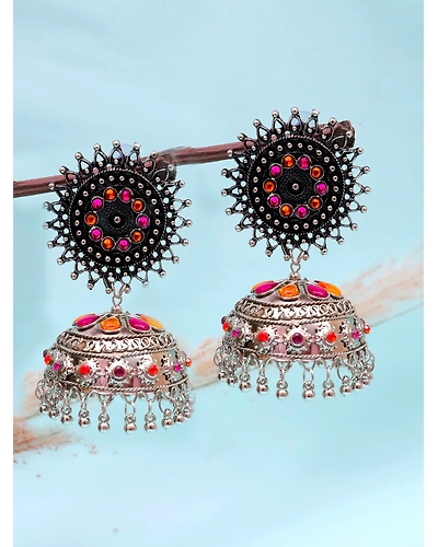 Ethnic Oxidised Silver Multicolor Jhumka Earrings for Festive Fashion-12668613