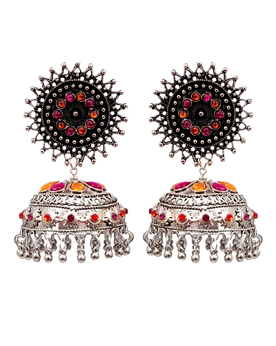 Ethnic Oxidised Silver Multicolor Jhumka Earrings for Festive Fashion-1