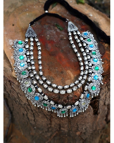 Oxidised Silver Glamour Multilayer Statement Necklace &amp; Earring Set for Modern Fashion-2