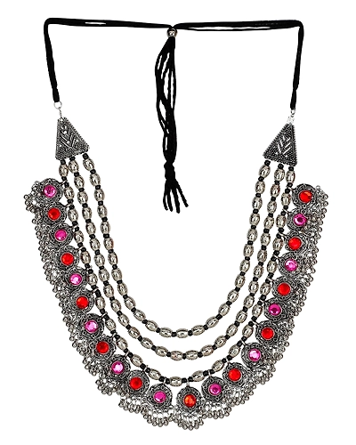 Oxidised Silver Glamour Multilayer Statement Necklace &amp; Earring Set for Modern Fashion-4