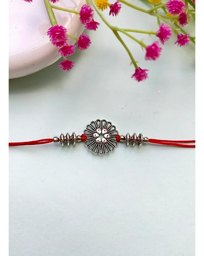 Oxidised Silver Floral Rakhi for Brothers - Handcrafted Spiritual Charm-1