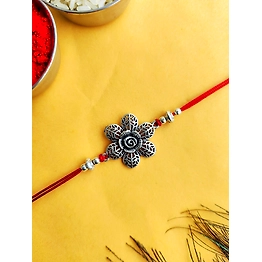 Gonasika Oxidised Silver Rakhi with Engraved Flower for Brother - Traditional Silver Rakhi Design