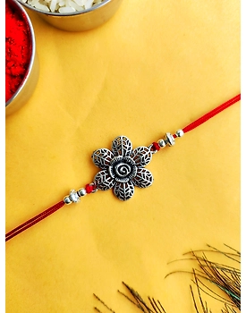 Oxidised Silver Rakhi with Engraved Flower for Brother - Traditional Silver Rakhi Design