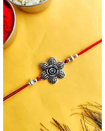 Oxidised Silver Rakhi with Engraved Flower for Brother - Traditional Silver Rakhi Design-1