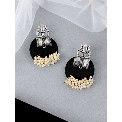 Gonasika Oxidised Silver Shiva Trishul Design Black Fabric Stud Earring for Women