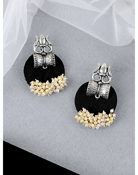 Oxidised Silver Shiva Trishul Design Black Fabric Stud Earring for Women