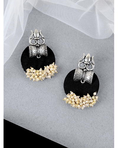 Oxidised Silver Shiva Trishul Design Black Fabric Stud Earring for Women-12668575