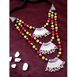 Gonasika Womens Ethereal Oxidised Silver Layered Necklace with Red & Yellow Pearls - Perfect for Saree Attire