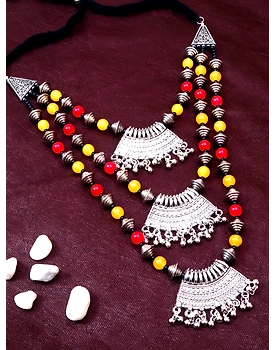 Womens Ethereal Oxidised Silver Layered Necklace with Red & Yellow Pearls - Perfect for Saree Attire