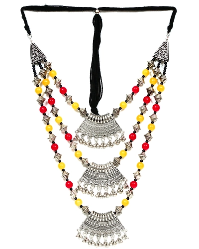 Womens Ethereal Oxidised Silver Layered Necklace with Red &amp; Yellow Pearls - Perfect for Saree Attire-1
