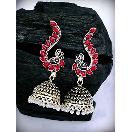 Gonasika Oxidised Silver Jhumka Earrings with Red Peacock Motif for Women and Girls