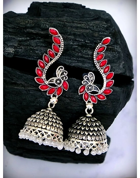 Oxidised Silver Jhumka Earrings with Red Peacock Motif for Women and Girls
