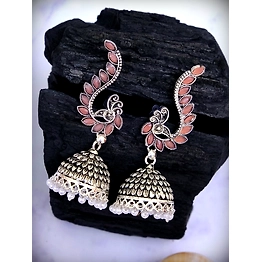 Gonasika Oxidised Silver Plated Pink Peacock Design Jhumka Earrings for Women