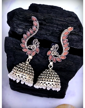 Oxidised Silver Plated Pink Peacock Design Jhumka Earrings for Women