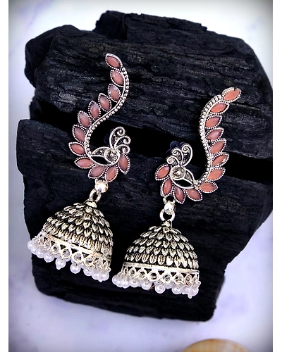 Oxidised Silver Plated Pink Peacock Design Jhumka Earrings for Women-12668549