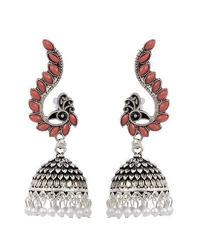 Oxidised Silver Plated Pink Peacock Design Jhumka Earrings for Women-1