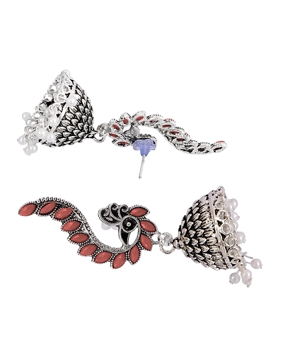 Oxidised Silver Plated Pink Peacock Design Jhumka Earrings for Women-2