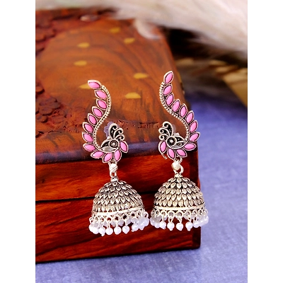 Gonasika New Design Oxidised Silver Jhumka Earrings with Pink Peacock - Perfect for Women and Girls