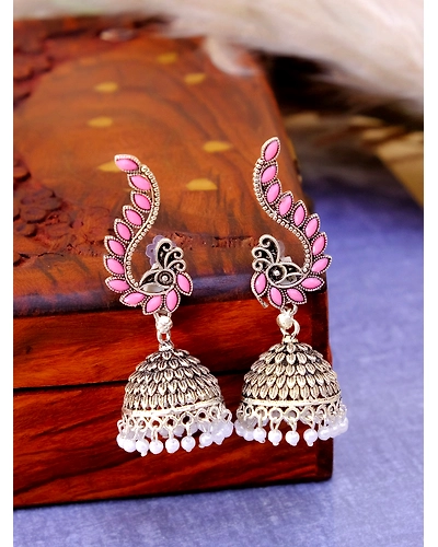 New Design Oxidised Silver Jhumka Earrings with Pink Peacock - Perfect for Women and Girls-12668545