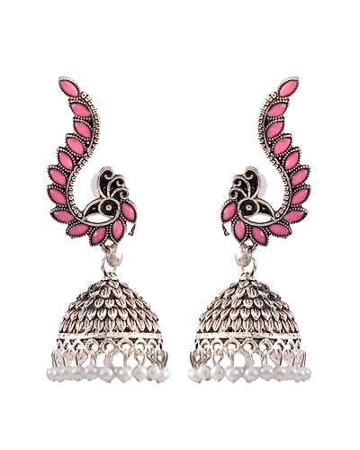 New Design Oxidised Silver Jhumka Earrings with Pink Peacock - Perfect for Women and Girls-1