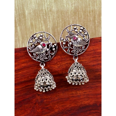 Gonasika Antique Bird Style Oxidised Silver Jhumka Earrings - Small Silver Jhumki Design