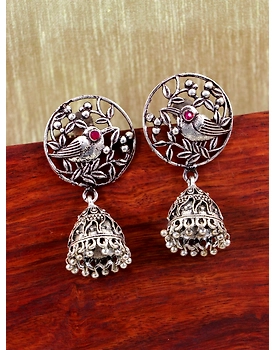 Antique Bird Style Oxidised Silver Jhumka Earrings - Small Silver Jhumki Design