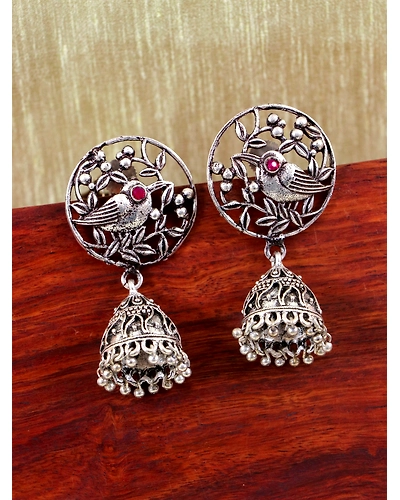 Antique Bird Style Oxidised Silver Jhumka Earrings - Small Silver Jhumki Design-12668543