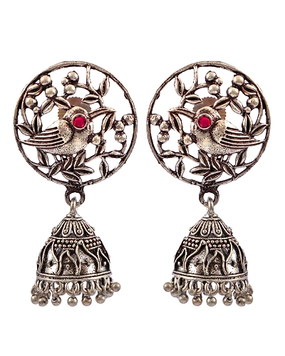 Antique Bird Style Oxidised Silver Jhumka Earrings - Small Silver Jhumki Design-1