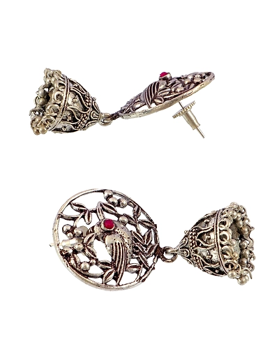 Antique Bird Style Oxidised Silver Jhumka Earrings - Small Silver Jhumki Design-2
