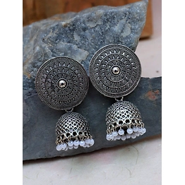 Gonasika Oxidised Silver Jhumka Earrings - German Silver Round Design For Women and Girls