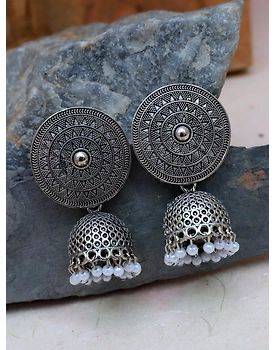 Oxidised Silver Jhumka Earrings - German Silver Round Design For Women and Girls