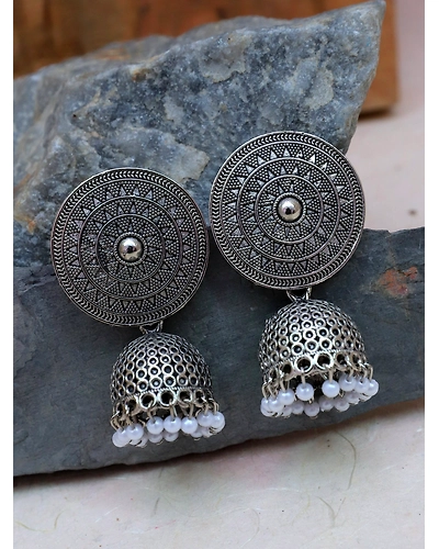 Oxidised Silver Jhumka Earrings - German Silver Round Design For Women and Girls-12668539