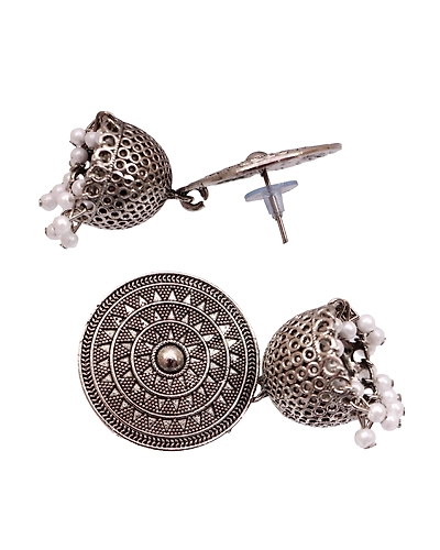 Oxidised Silver Jhumka Earrings - German Silver Round Design For Women and Girls-2