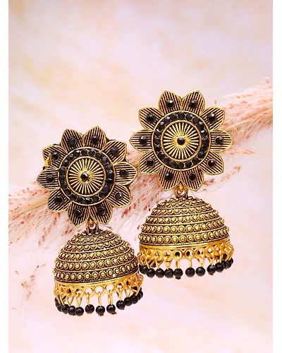 Elegant Crystal Studded Floral Jhumki Earrings in Oxidised Silver-1