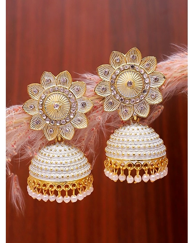 Elegant Crystal Studded Floral Jhumki Earrings in Oxidised Silver-4