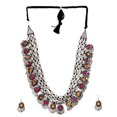 Gonasika Oxidised Silver Plated Pink-Orange Crystal Bohemian Necklace Earrings Set