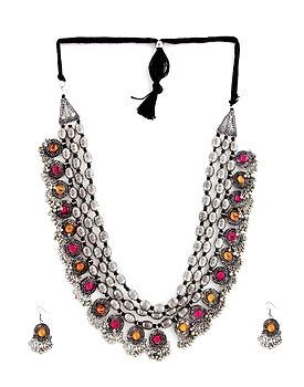 Oxidised Silver Plated Pink-Orange Crystal Bohemian Necklace Earrings Set