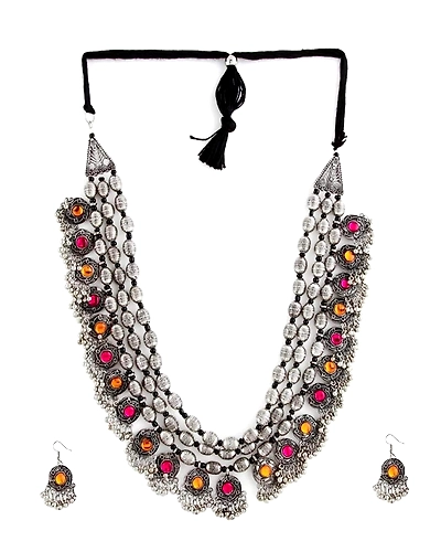 Oxidised Silver Plated Pink-Orange Crystal Bohemian Necklace Earrings Set-12668535
