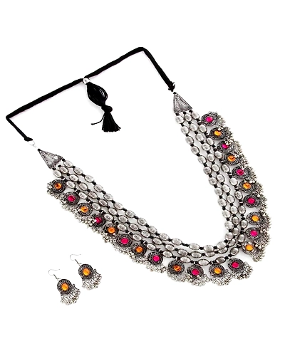 Oxidised Silver Plated Pink-Orange Crystal Bohemian Necklace Earrings Set-1