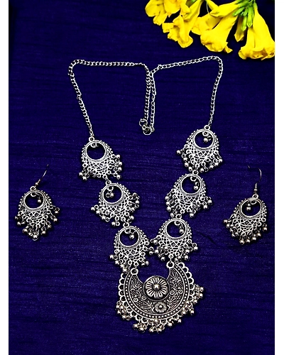 Elegant Oxidised Silver Necklace &amp; Earring Set Below 500-12668531