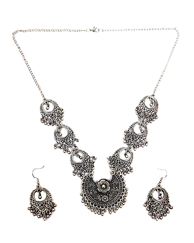 Elegant Oxidised Silver Necklace &amp; Earring Set Below 500-1