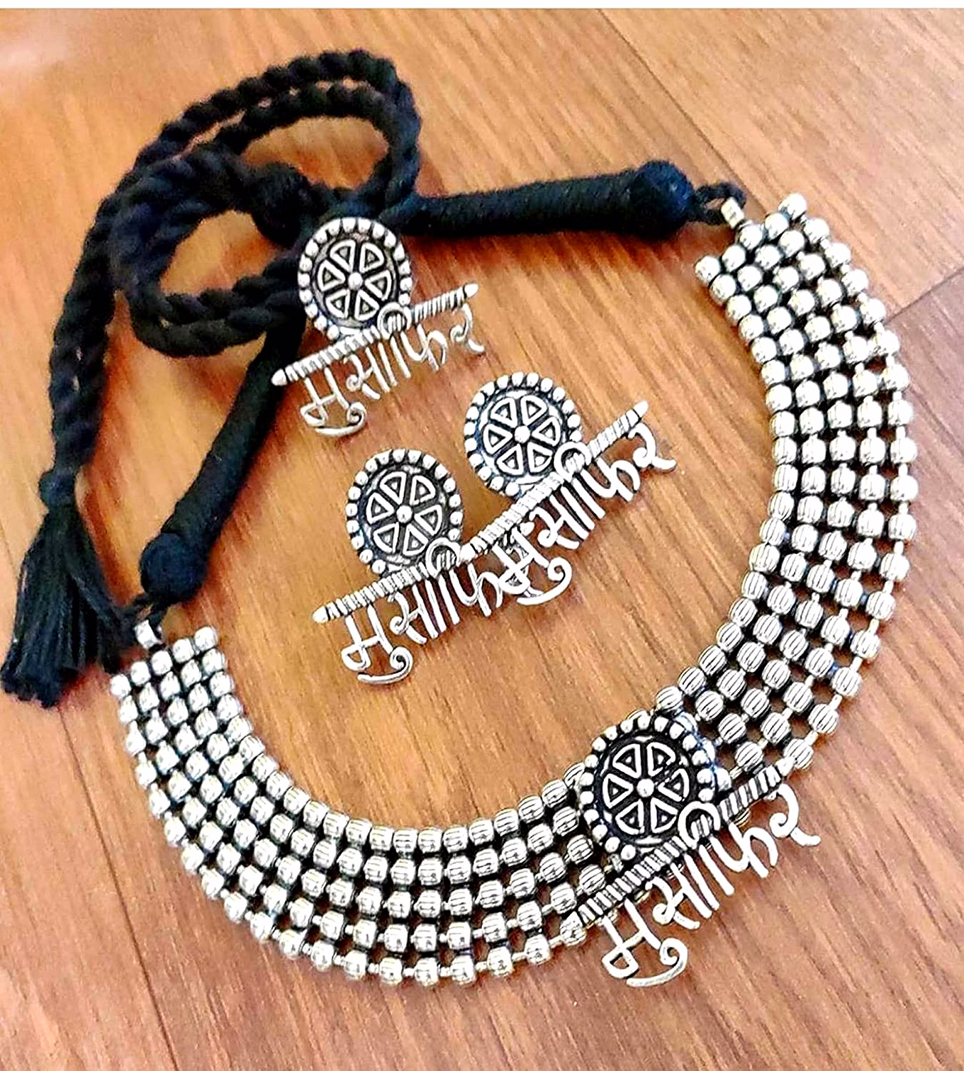 gonasika oxidised silver musafir necklace & earring set for women