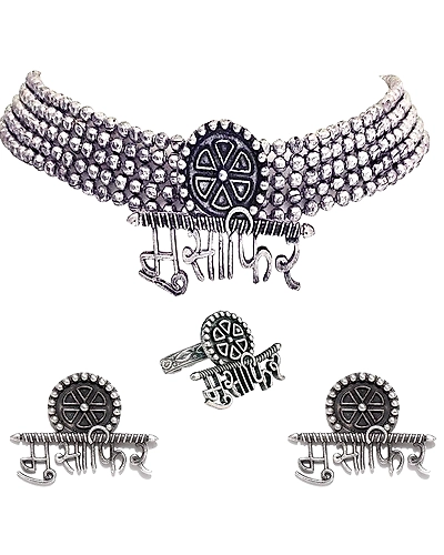 Oxidised Silver Musafir Necklace &amp; Earring Set for Women-1