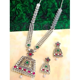 Gonasika Traditional Oxidised Silver Long Classic Square Designer Necklace With Earring Set RAS0265