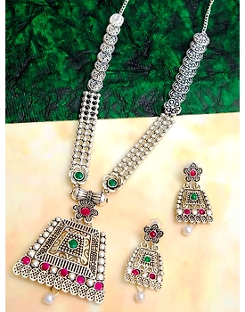 Traditional Oxidised Silver Long Classic Square Designer Necklace With Earring Set RAS0265