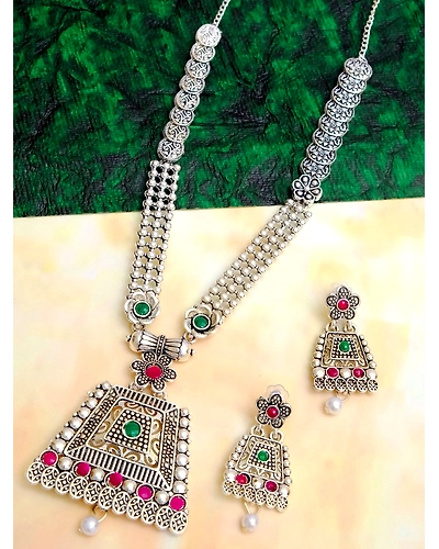 Traditional Oxidised Silver Long Classic Square Designer Necklace With Earring Set RAS0265-12668527